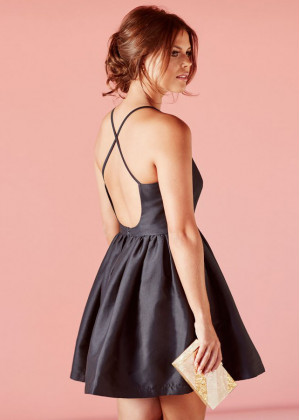 Black Satin Sexy Straps Short Prom Dress 